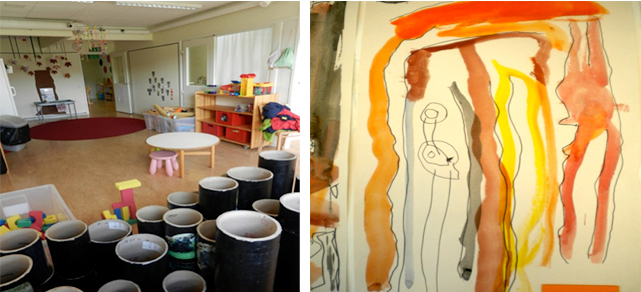 Interiör, material och målning av barn från en förskola.