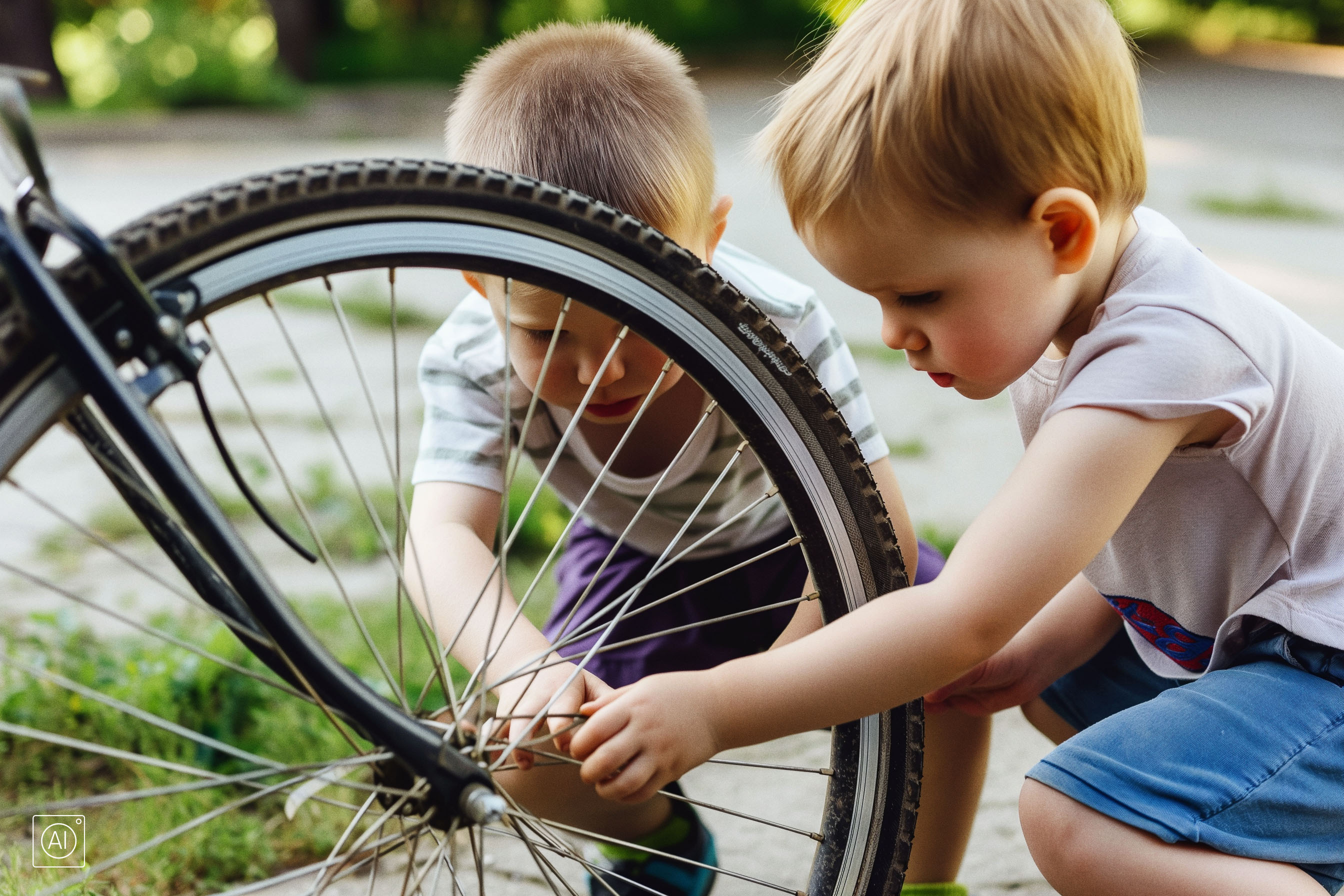 Barn som leker med ett cykelhjul.